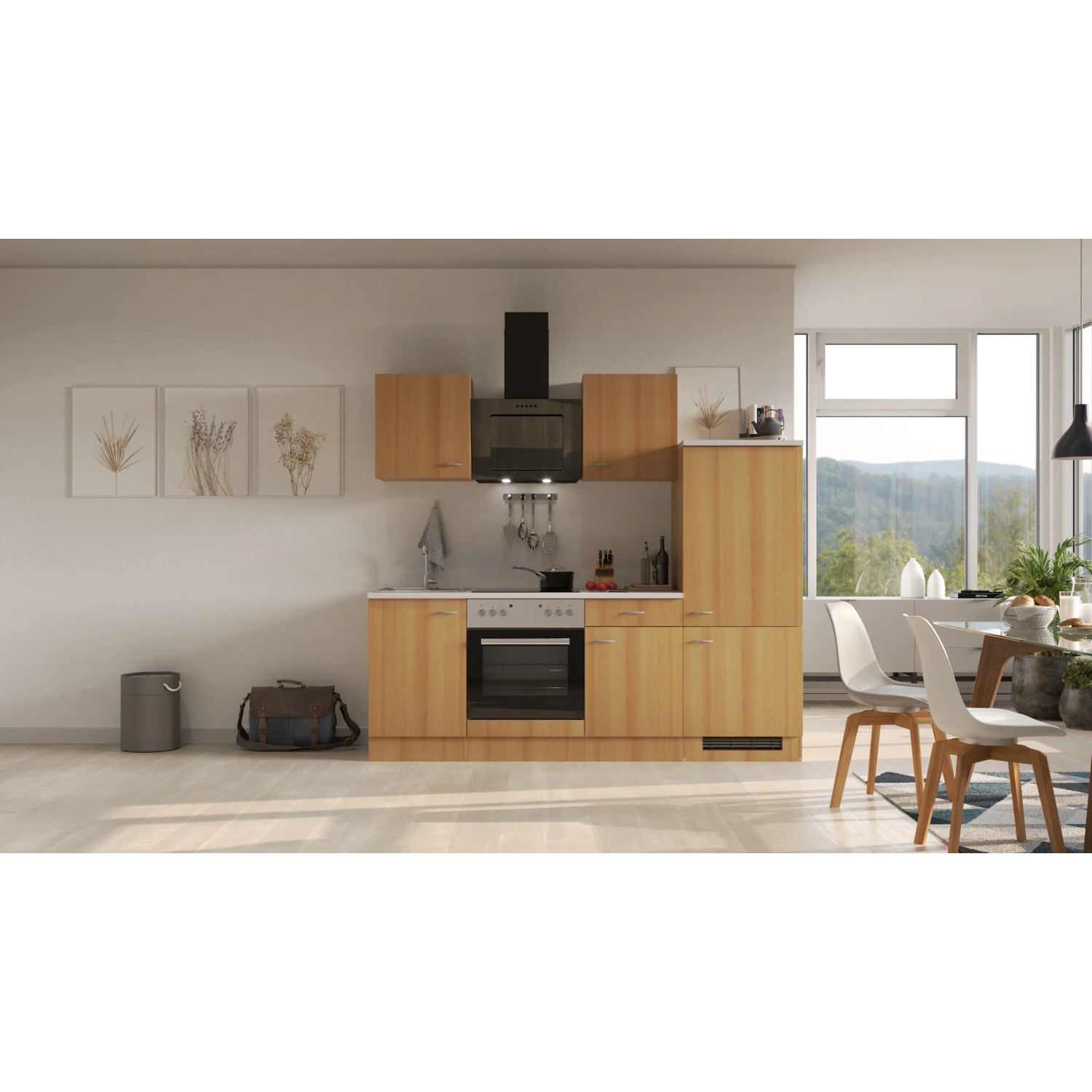 Flex-Well Classic Küchenzeile Nano 220 cm in Buche mit E-Geräten und Dunstabzugshaube.