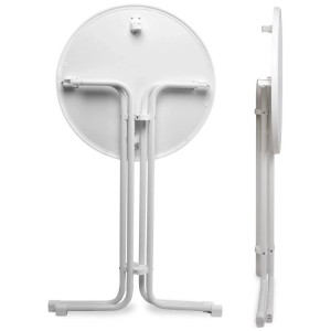 Zwei Ansichten des weißen Beautissu Sylt Stehtischs (Ø 70 cm) im zusammengeklappten Zustand.
