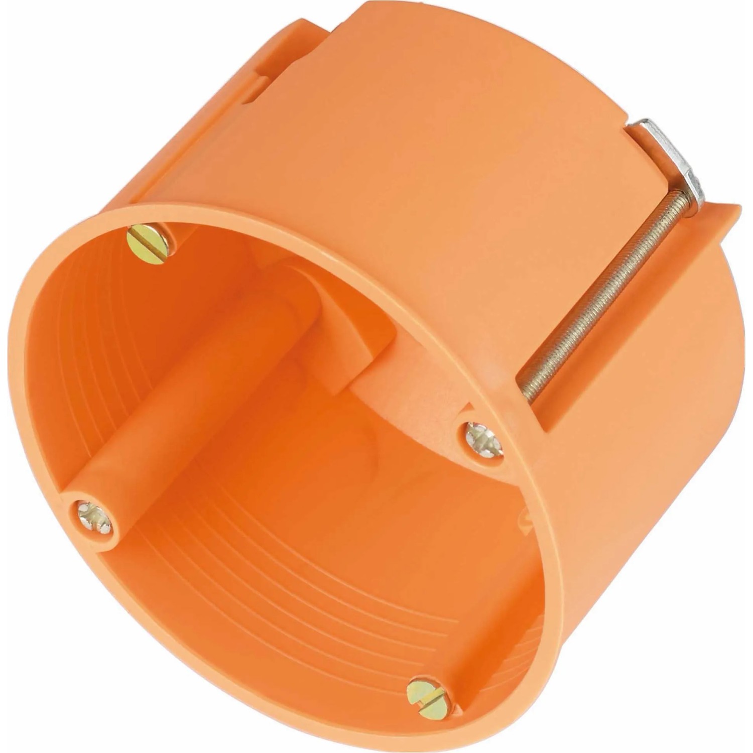 Orangefarbene Hohlwanddose (Ø 68 mm) mit Spreizkrallen, geeignet für Schalter und Steckdosen. 10er-Set.