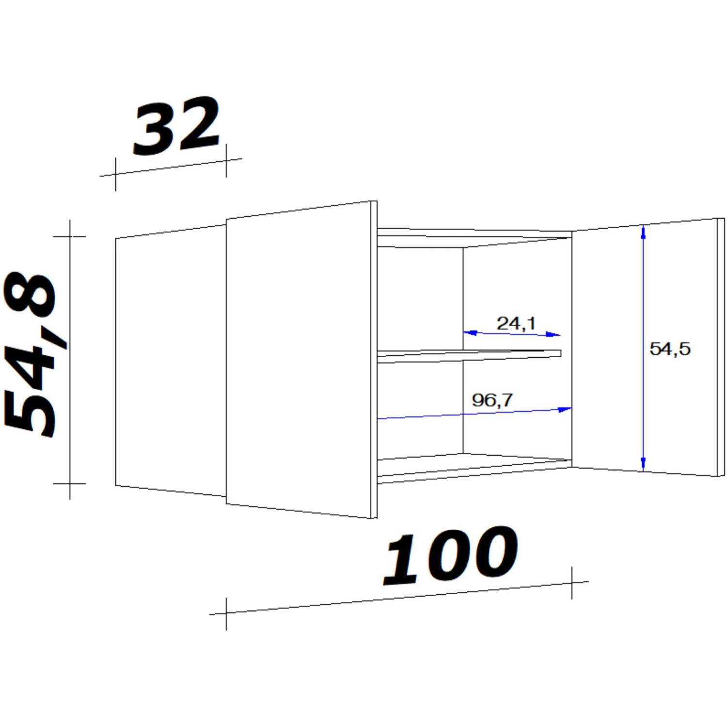 Skizze des Flex-Well Exclusiv Oberschranks Capri, 100 cm, in Schwarz Matt-Endgrain Oak mit Maßangaben.