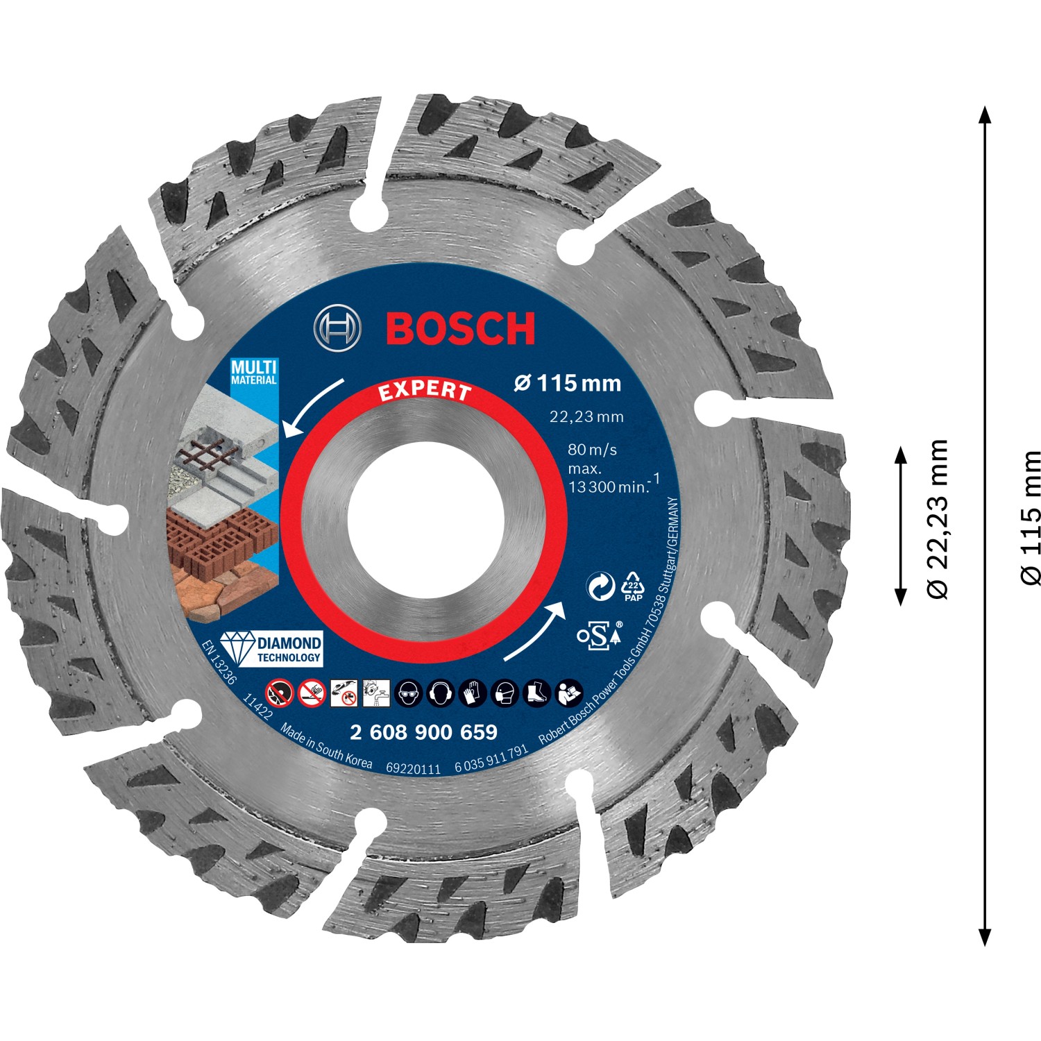 Bosch Expert Diamanttrennscheibe Multi Material, 115 mm Durchmesser, Zubehör für Winkelschleifer.