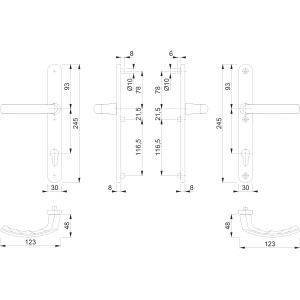 Technische Zeichnung: Hoppe Schmalschild-Türgriff Lima, Aluminium natur, Maße und Details.