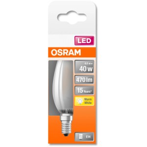 Osram LED-Leuchtmittel E14 Kerze, 4W, warmweiß, 470lm, 10x3,5cm im Karton.