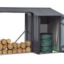 Floraworld Kaminholzregal mit Geräteraum aus Stahlblech, anthrazit, mit Holz und Gartengeräten.