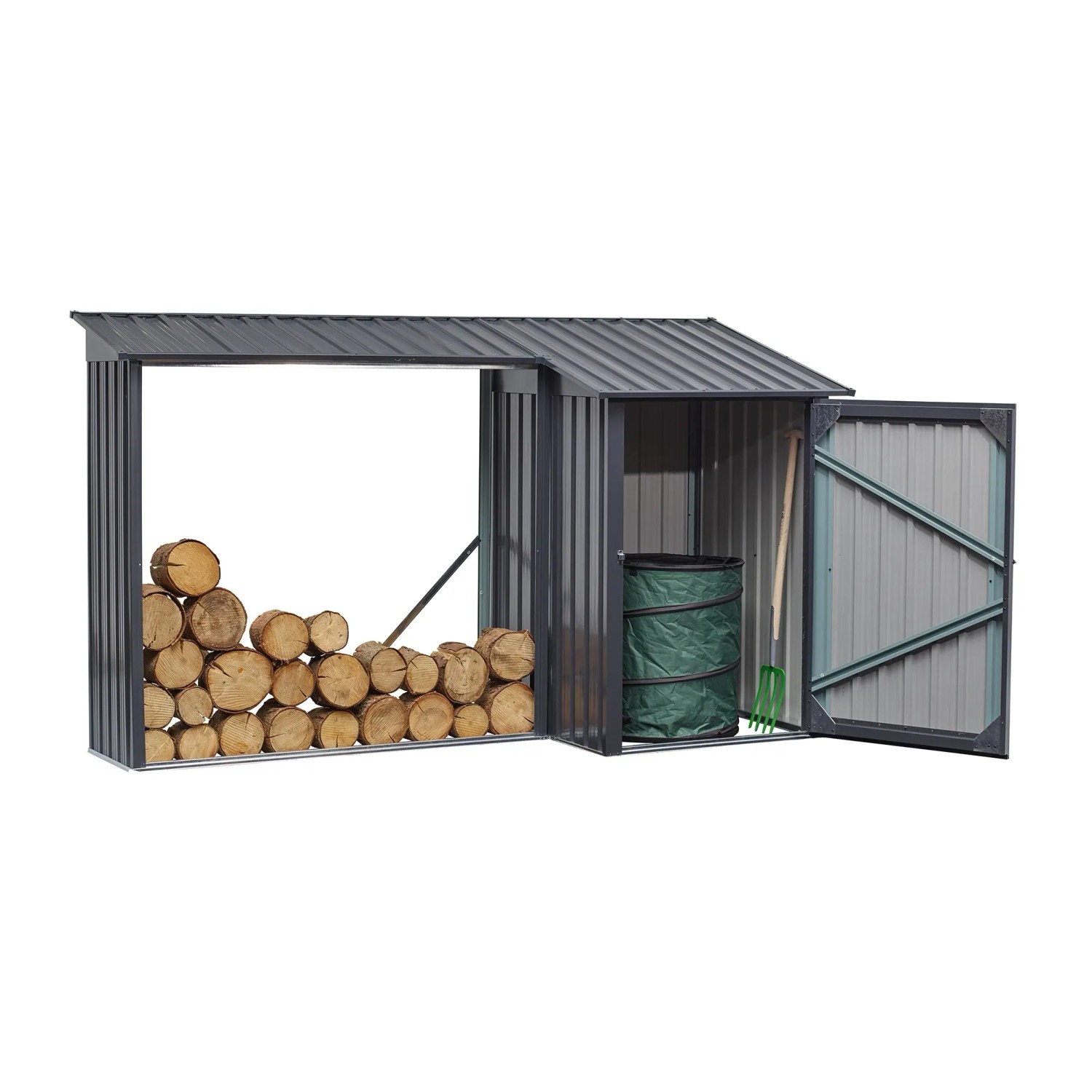 Floraworld Kaminholzregal mit Geräteraum aus Stahlblech, anthrazit, mit Holz und Gartengeräten.