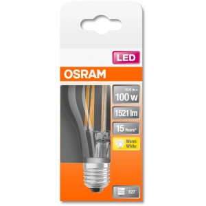 Osram E27 LED Leuchtmittel in Glühlampenform, 11W, warmweiß, in Verpackung.