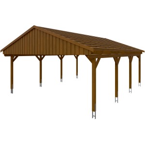 Skan Holz Carport Fichtelberg, Doppelcarport aus Fichte in Nussbaum mit Dachlattung.