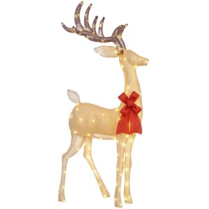 Stehendes goldenes LED Rentier mit leuchtenden Lichtern, großem Geweih und roter Schleife als Weihnachtsdekoration.