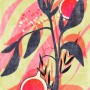 Komar Vliesfototapete mit abstraktem Frucht- und Pflanzenmotiv in Pink, Grün und Grau.