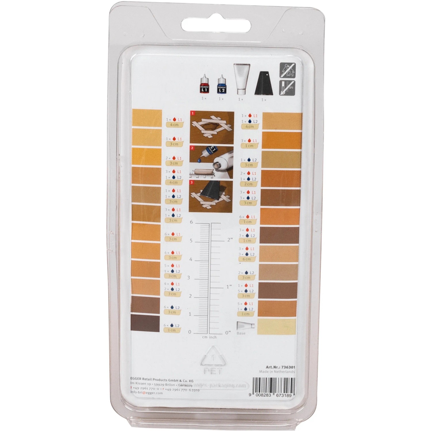 Egger Reparaturset Decor Mix & Fill für Laminat Hell, Farbschablone und Zubehör in Verpackung.