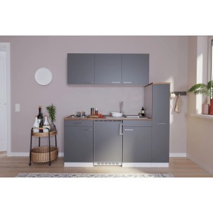 Respekta Küchenzeile KB180WG, 180 cm, grau-weiße Single-Küche mit Spüle, Kochfeld und Kühlschrank.