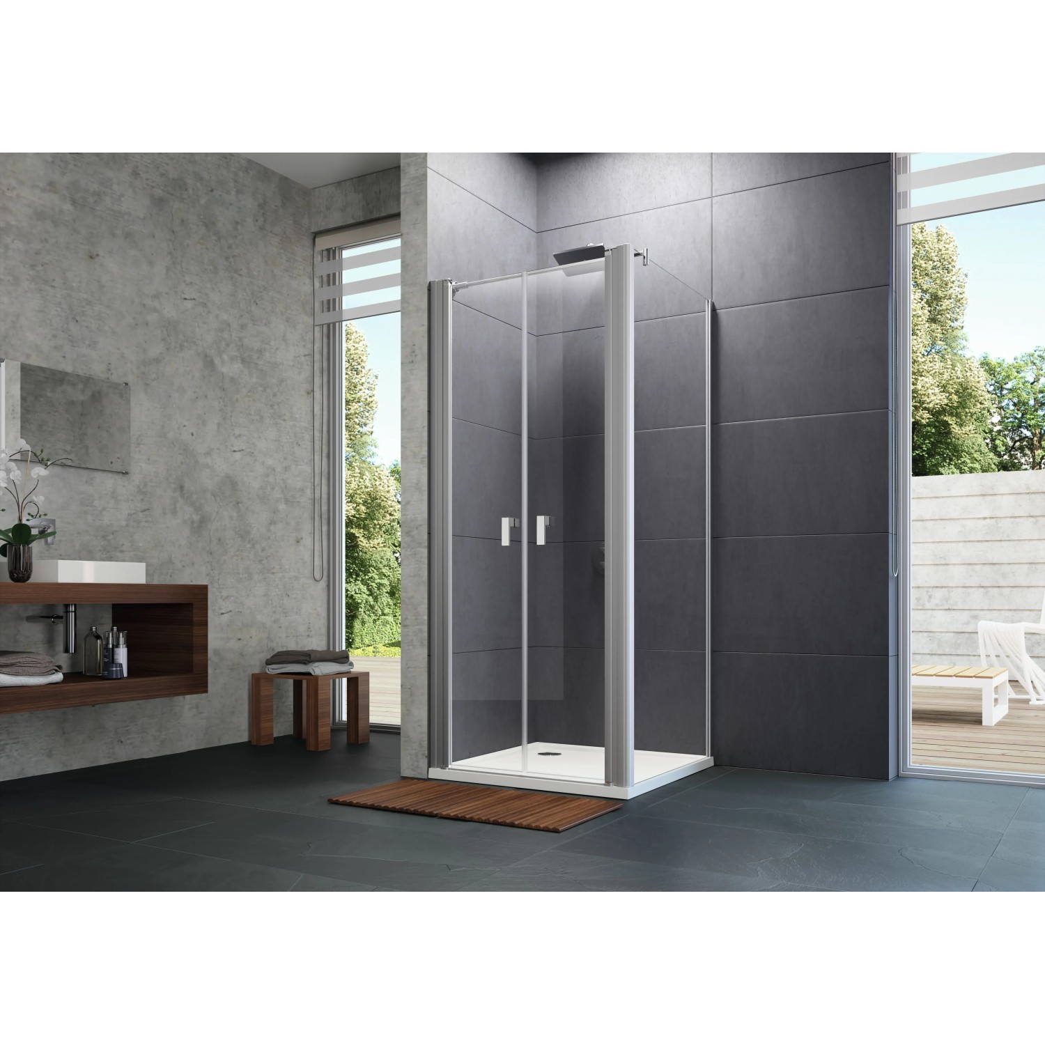 Hüppe Design Pure Pendeltür mit Seitenwand, 80x190 cm, Silber matt, im Badezimmer.