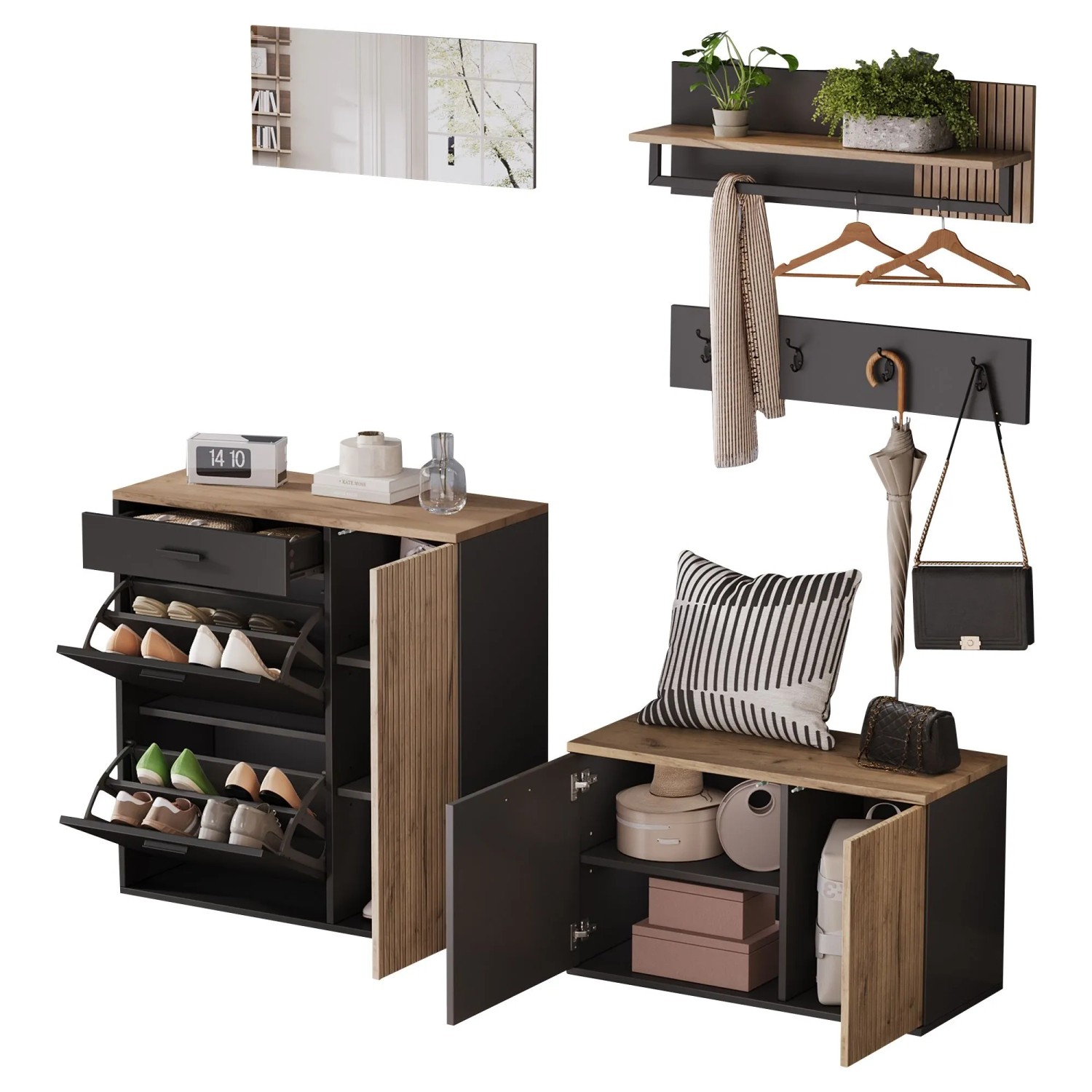okwish Schuhschrank Set mit Spiegel Garderobe Flur 85x36x85cm Schwarz_9