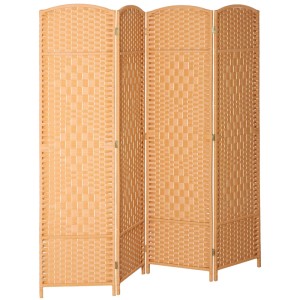 Vierteiliger HOMCOM Raumteiler aus Kiefernholz mit Naturholz-Finish und geflochtenen Polypropylen-Paneelen.