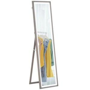 Grauer HOMCOM Ganzkörperspiegel mit LED-Beleuchtung, freistehend. Hartglas und MDF-Rahmen, 160 cm hoch.