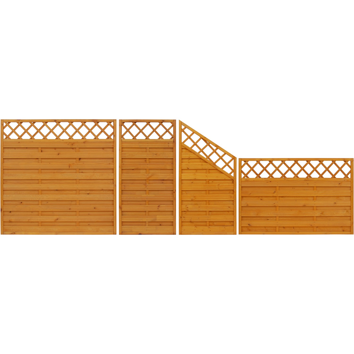 Verschiedene Sichtschutzzaun-Elemente Country in Pinienfarben.