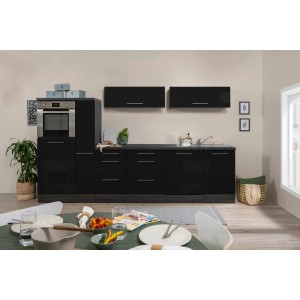 Respekta Premium Inselküche, 310 cm, Schwarz Hochglanz mit Eiche Grau Korpus und Elektrogeräten.