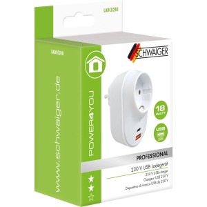 Schwaiger 230V USB-Steckdosenadapter mit USB-A und USB-C Anschluss, 360° drehbar.