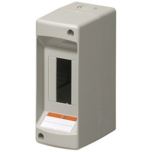 Grauer Aufputzverteiler für 2-polige Geräte, ohne Tür, Schutzart IP40.