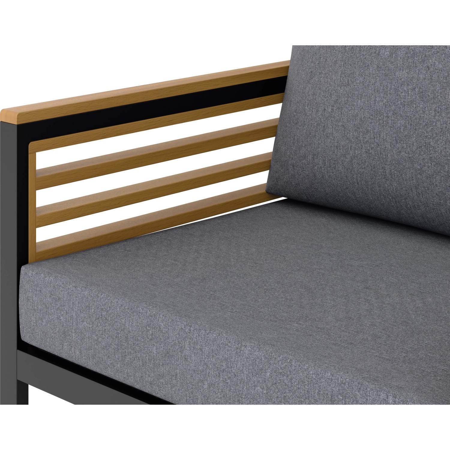 Detailansicht der Loungegruppe Folkston: Graue Kissen, Akazienholz und schwarzes Aluminium.