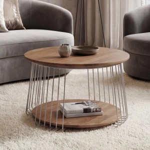 Runder, brauner Couchtisch von MCA mit Metallgestell und Ablage, Ø 70 cm.