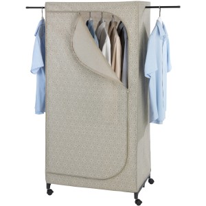 Wenko Kleiderschrank Balance Taupe mit Rollen, teilgeöffnet. Textiler Faltschrank für Kleidung.