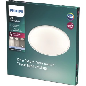 Verpackung der Philips LED-Deckenleuchte Superslim SceneSwitch, 15 W, mit drei Helligkeitsstufen.