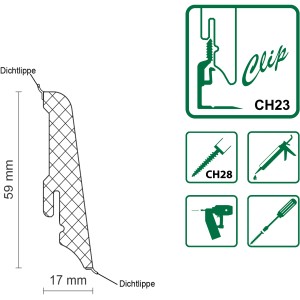 Detailzeichnung FN Neuhofer Sockelleiste K0210L Eiche Braunwald mit Maßen und Montagehinweisen.