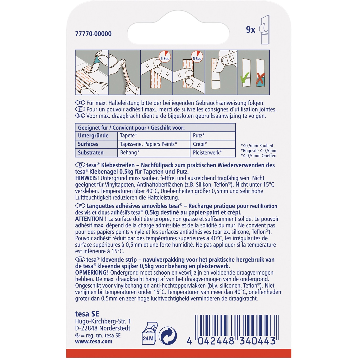 Tesa Klebestreifen für Tapeten und Putz, 9 Stück, zur Wiederverwendung von Klebenägeln.