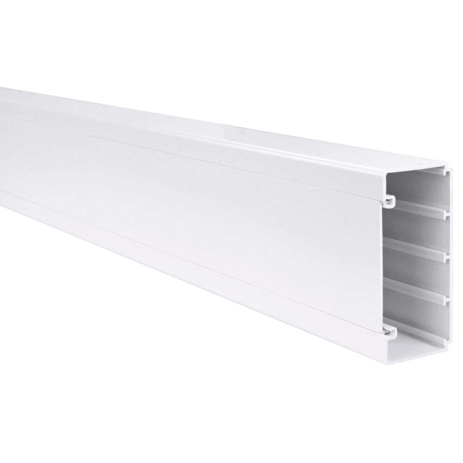 Weißer E2 Elektro Brüstungskanal aus PVC, 2000 mm lang, zur Installation von Elektroleitungen.