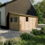 Timbela Anbau-Gartenhaus M341A aus Holz, 10 m², mit Seitenwand, naturbelassen.