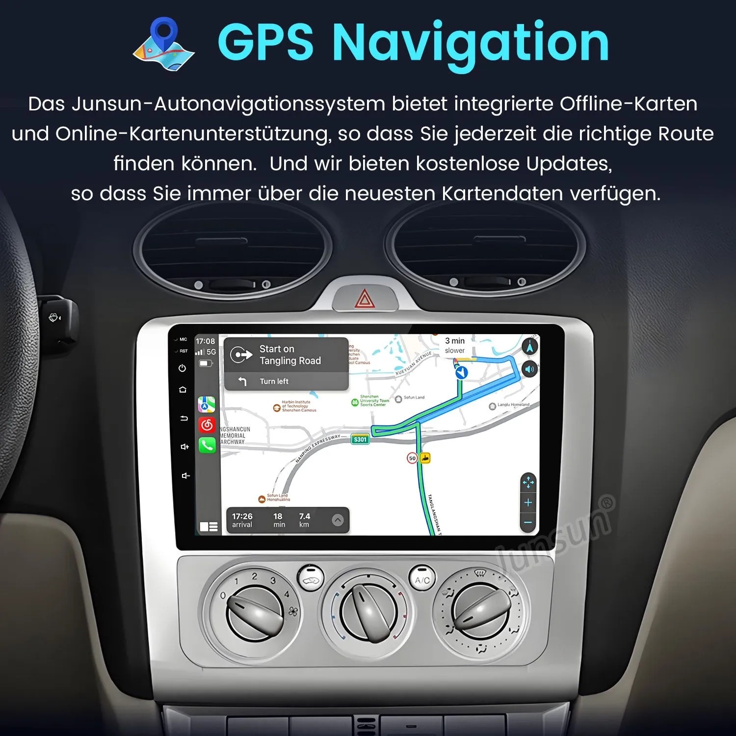 Junsun 9 Zoll Autoradio mit GPS-Navigation im Ford Focus 2 Armaturenbrett. Zeigt detaillierte Routenkarte.