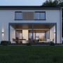 Anthrazit Wandpergola mit elektrischem Lamellendach und LED-Beleuchtung auf Terrasse. 4x6 m Aluminium Terrassenüberdachung.