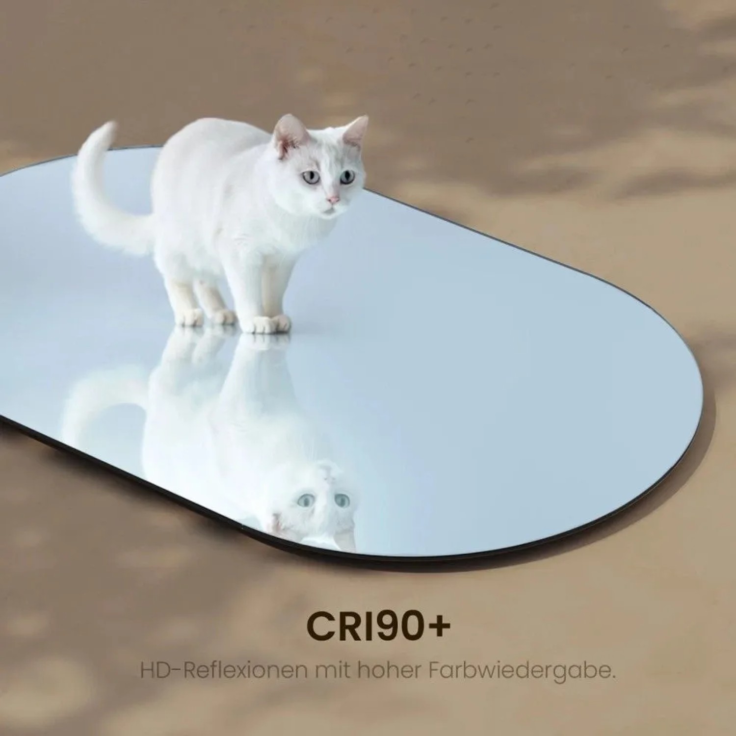 Emke ovaler Wandspiegel 40x70 cm mit HD-Reflexion, eine Katze spiegelt sich klar. Rahmenloser Badspiegel.