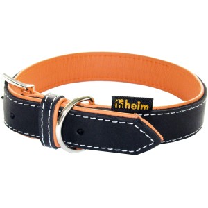 Heim Hundehalsband Florenz aus Leder, 25 mm breit, 45 cm lang, schwarz mit orangefarbener Innenseite.