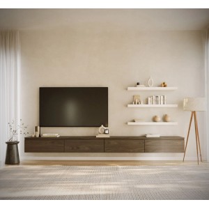 Selsey TV-Hängeboard Bemmi 300 cm in Nussbaum-Holzoptik. Schwebendes, minimalistisches TV-Board mit vier Klappen.