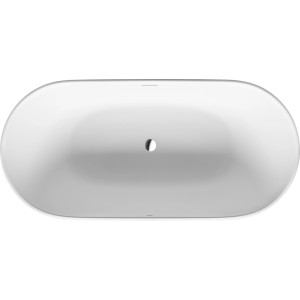 Freistehende, ovale Duravit Badewanne Luv, 180x85 cm, in Weiß. Design-Badewanne mit mittigem Ab- und Überlauf.