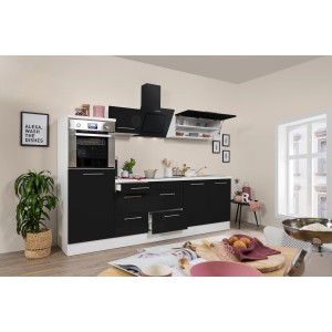 Respekta Premium Küchenzeile 270 cm in Schwarz Hochglanz/Weiß mit E-Geräten.