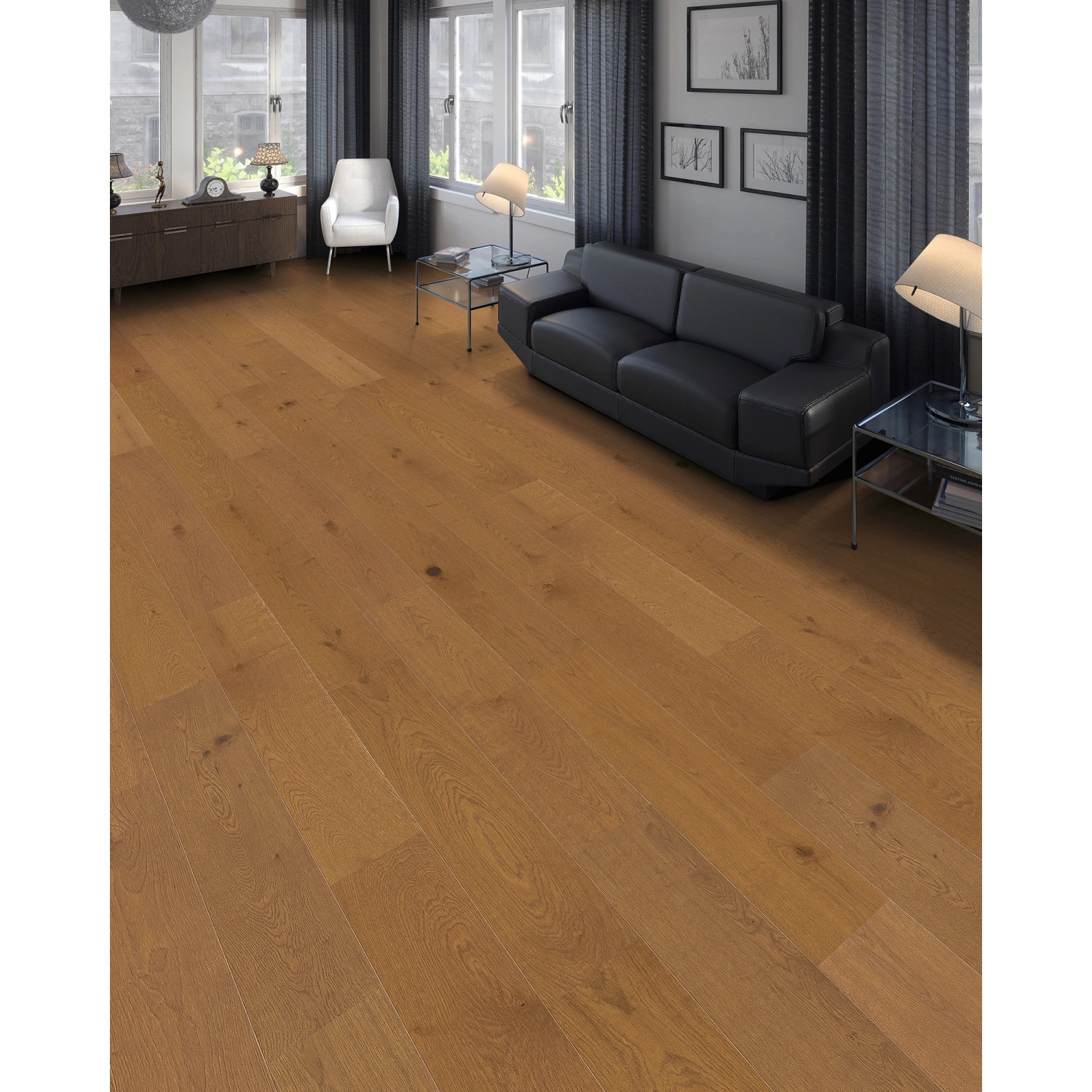 Verlegtes Living by Haro Parkett Eiche Caramel Landhausdiele im Wohnraum.