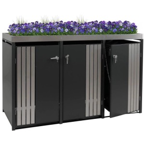 Anthrazitfarbene 3er-Mülltonnenbox mit Edelstahl-Pflanzkasten (125x196x84cm).