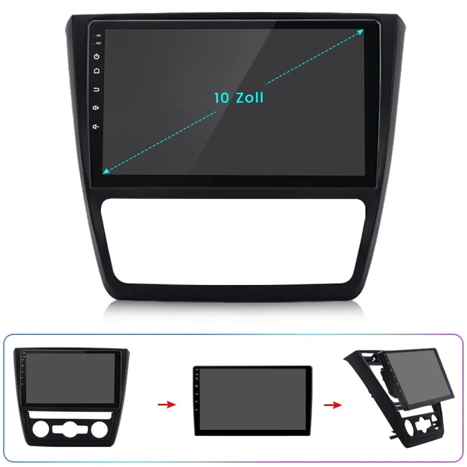 Schwarzes Junsun Autoradio mit 10 Zoll HD Touchscreen und passendem Rahmen für Skoda Yeti 2008-2013. Modernes Autoelektrik Display.