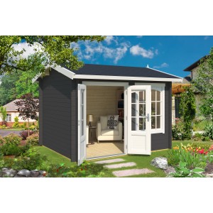 Carbongraues Lasita Maja Gartenhaus Alex mit geöffneten Doppeltüren und Inneneinrichtung im Garten.