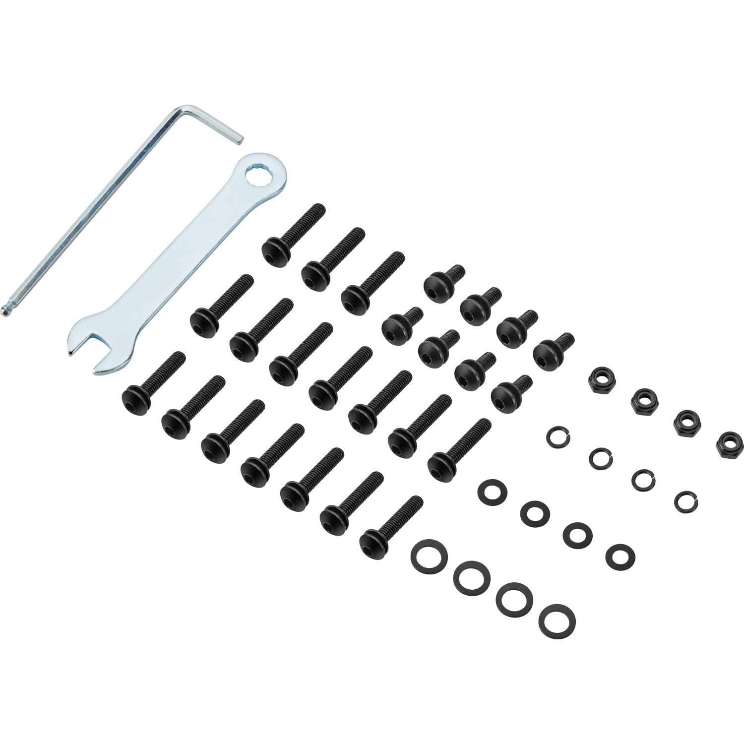 Montageset für Whitton Balkonmöbel, 3-tlg., Aluminium, Schwarz, bestehend aus Schrauben, Muttern, Unterlegscheiben und Werkzeug.