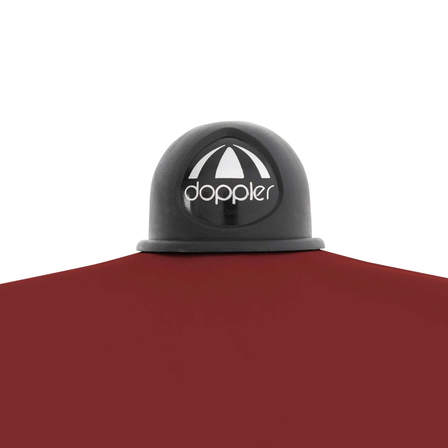 Detailaufnahme: Doppler Marktschirm 120x200 Bordeaux, Handöffner, Logo auf schwarzer Kappe.