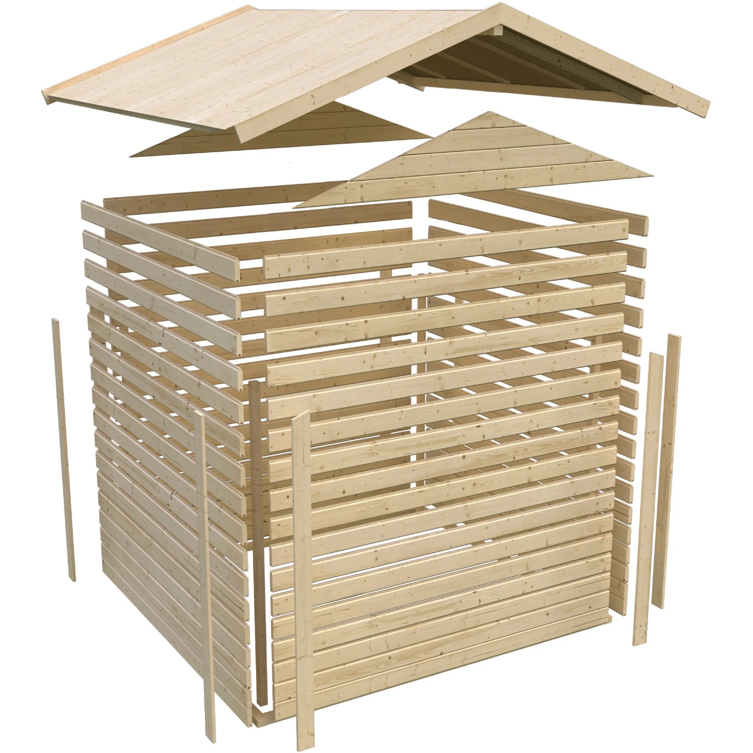 Karibu Holz-Gartenhaus Tyka, unbehandelt, Satteldach, 300x300 cm, Bausatz-Darstellung.