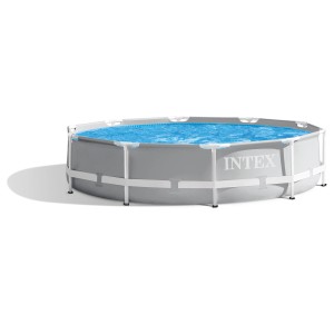 Intex Frame Pool-Set Prism Rondo, Ø 305 cm, grau. Stahlrahmenpool mit blauem Wasser.