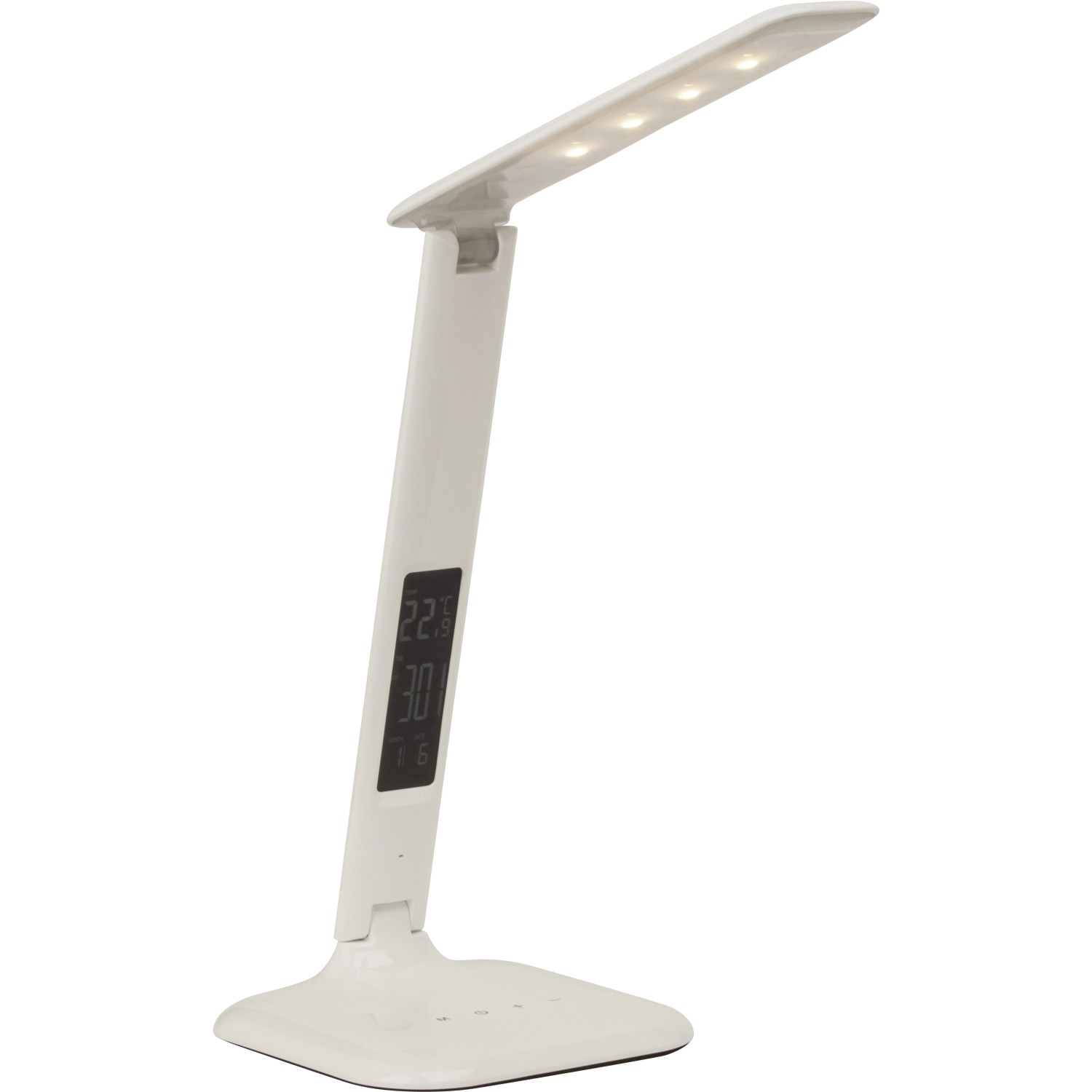 Weiße LED-Tischlampe Glenn mit Touchdimmer und Display für Uhrzeit, Kalender und Temperatur.