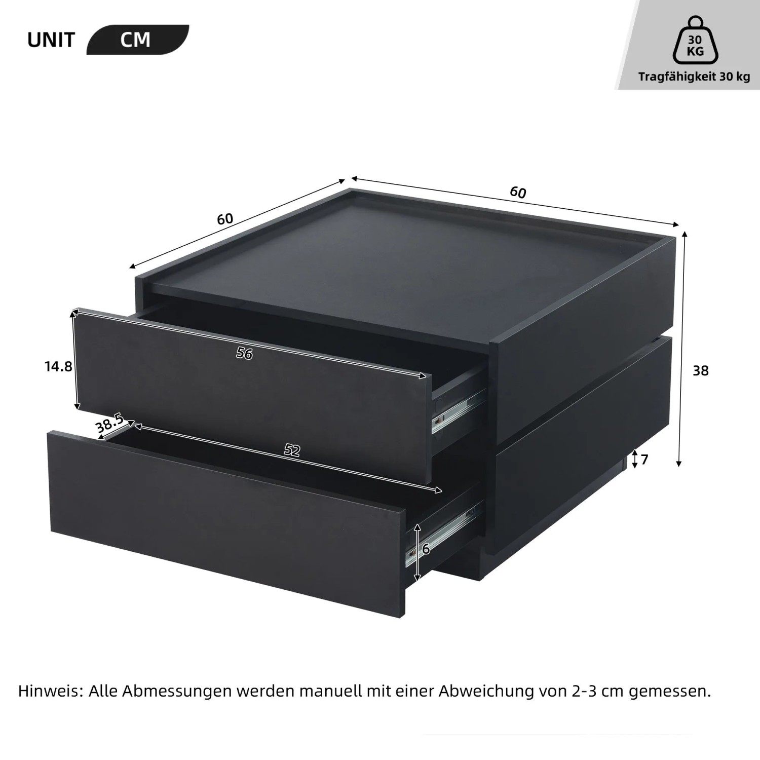 okwish Couchtisch mit Drehfunktion Stauraum Wohnzimmer 60x60x38cm Schwarz_5