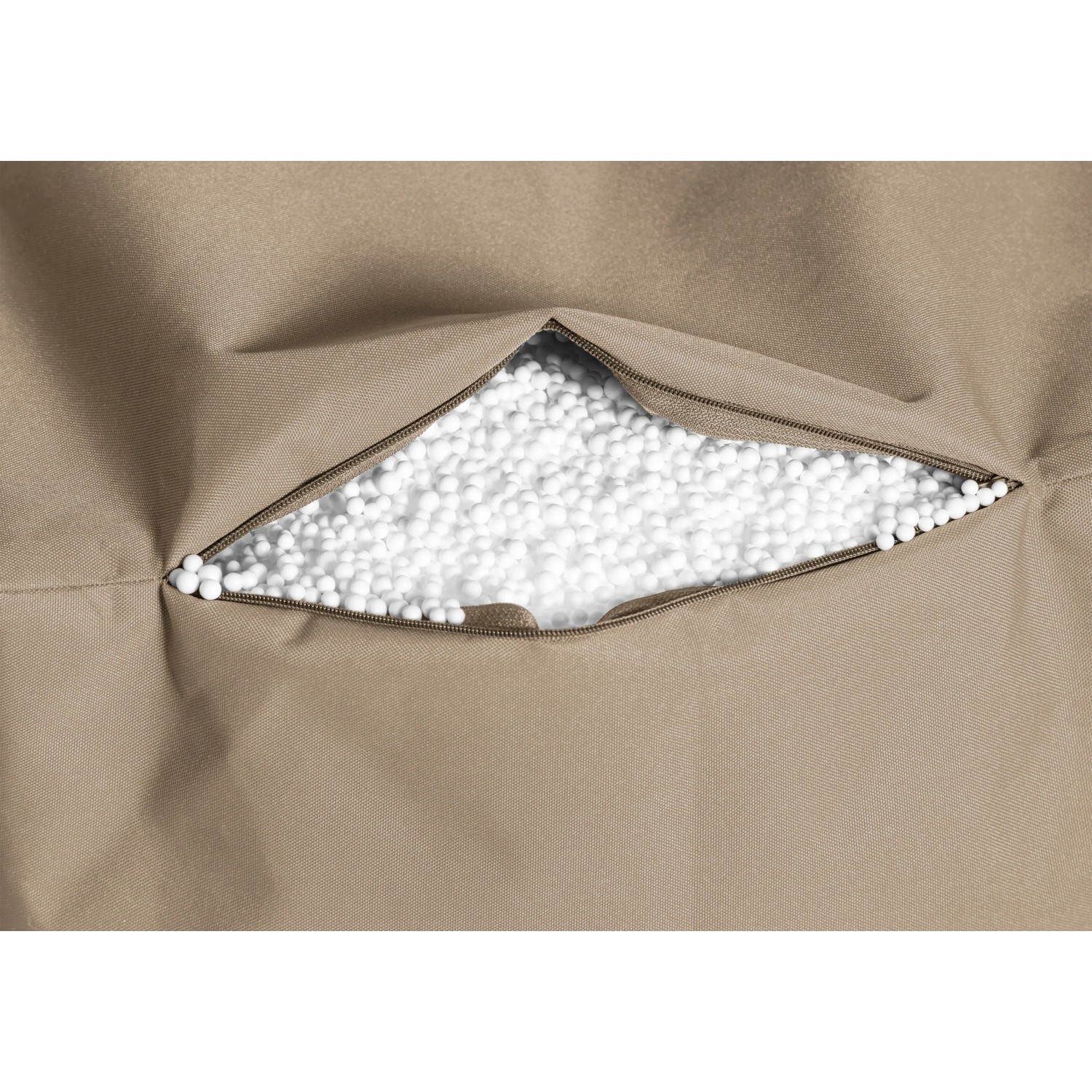Detailaufnahme: Khaki Sitting Point Sessel Swing mit Füllung. Sitzsack mit Reißverschluss.