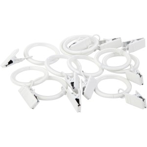 Weiße Gardinenringe mit Klammern, Ø 19 mm, für Gardinenstangen und Vorhänge.